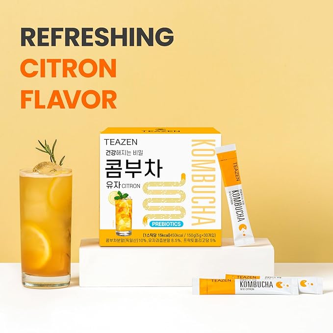 TEAZEN Citron Kombucha Tea, Hydration Drink Mix, Sugar Free, Live Probiotics & Prebiotics, 30 Sticks, 5.29oz