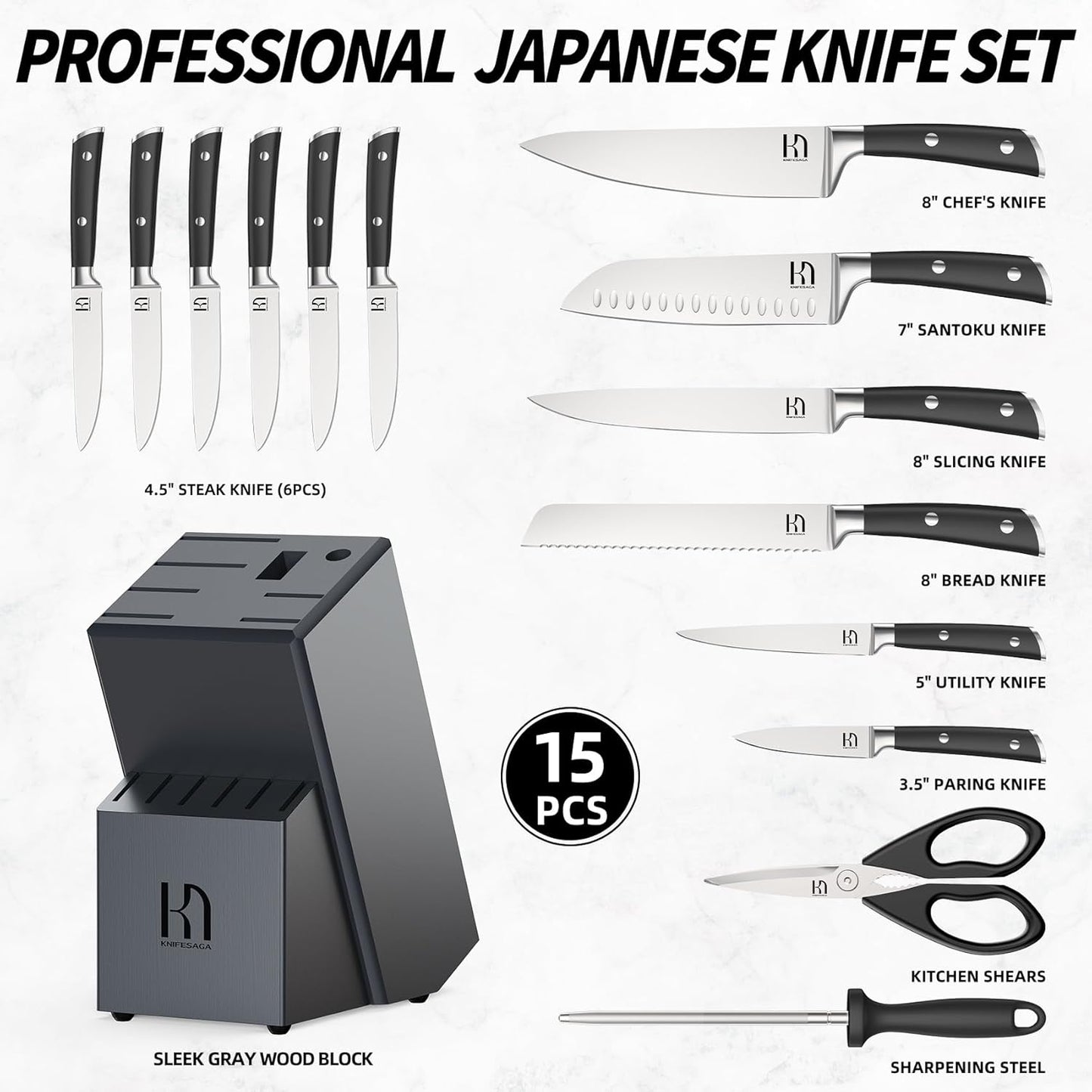 Premium Knife Set 15 Pcs Quality Kitchen Knife Set with Block, Japanese High Carbon Stainless Steel Razor Sharp Knife Block Set, Acacia Wood Block Knife Set with Ergonomic Full-tang Handle