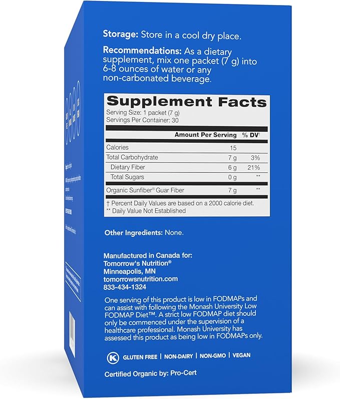 Tomorrow's Nutrition, Organic Sunfiber Stick Packs, Prebiotic Fiber Supplement for Digestive Health, Low FODMAP, Gluten-Free, 30 Packets, Blue