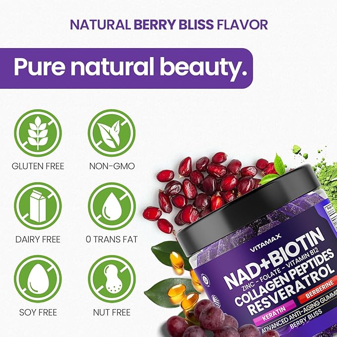 NAD+, Resveratrol, Berberine, & Biotin Anti-Aging Gummy - Hair, Skin, Nails & Joint Supplement - Collagen Peptides, Keratin, Zinc, Vitamin K2 & D3 Gummies -Regeneration- Non-GMO - Made in USA 60 Count