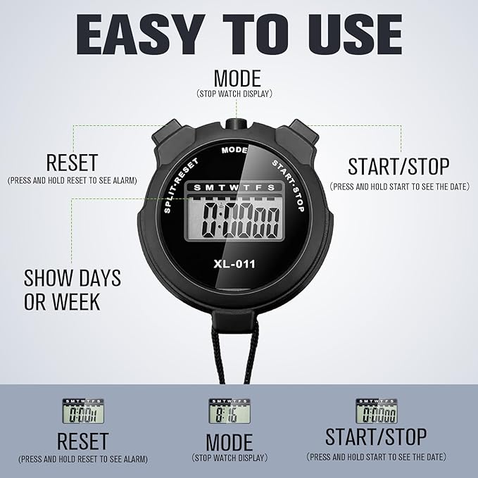 TOODOO 12 Pack Multi Function Digital Stopwatch Timer Bulk Sports Stopwatch with Lanyard Plastic Display Waterproof Date Time Alarm Timer for Coaches Fitness Referees