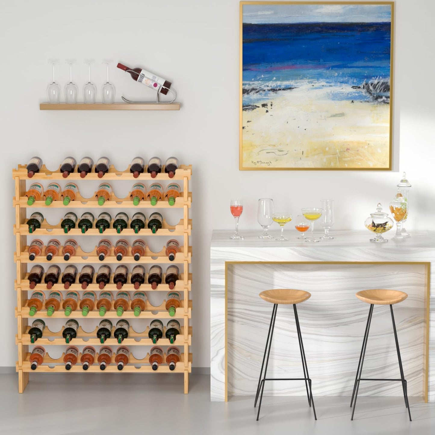 Domax Wine Rack Freestanding Floor - Bamboo Wooden Stackable 8 Tiers 72 Wine Bottle Holder Storage Racks for Kitchen, Bar, Pantry and Cellar (Yellow)