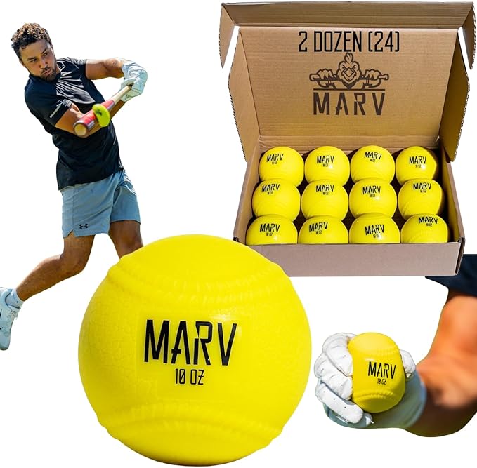 Marv Hitting Balls - 2 Dozen (24 Pack) | 10oz Heavy Training Baseballs for Power, Strength & Barrel Accuracy | Soft Shell & Bat Safe | Limited Flight | Ideal for Baseball and Softball Drills