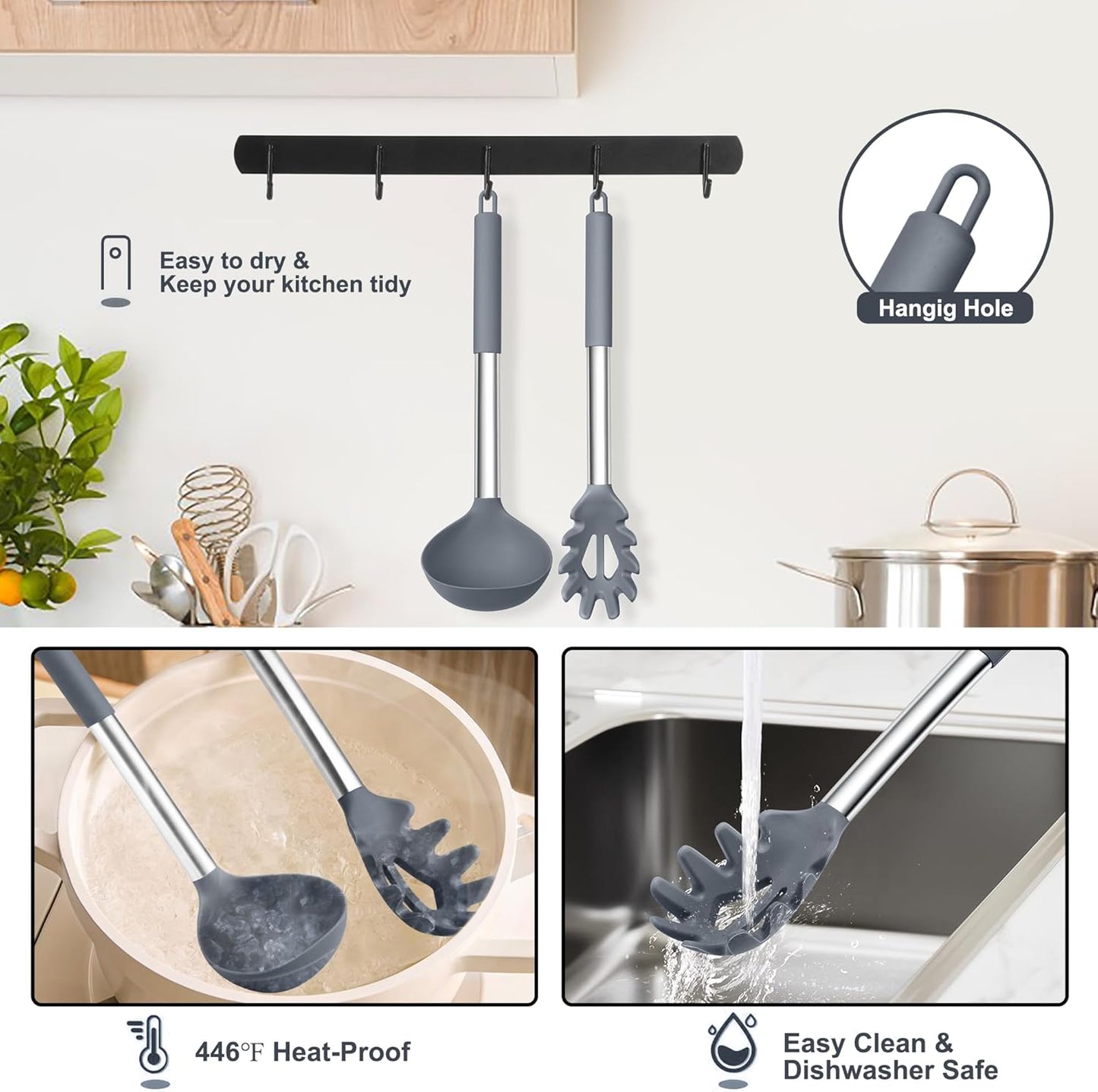 TeamFar Silicone Kitchen Utensils, 2 Pcs Large Nonstick Soup Ladle and Pasta Fork for Cooking Mixing Serving Soup, Sauce, Spaghetti, Eggs, Non-Toxic & Heat-Proof, Dishwasher Safe, Light Grey