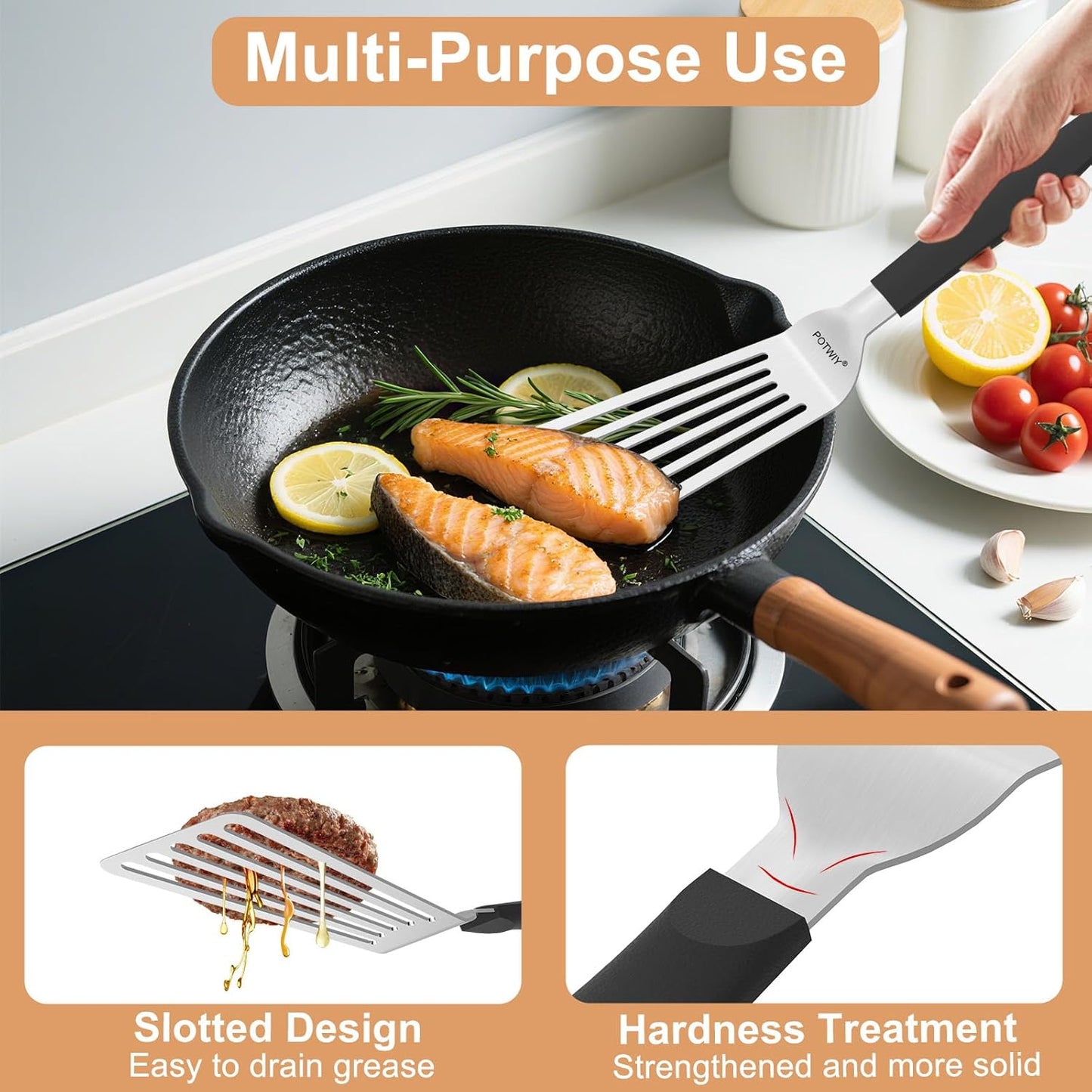 Fish Spatula Stainless Steel, 11.3" Slotted Fish Turner with Silicone Handle, Small Metal Spatula for Cast Iron Skillet, Kitchen Cooking Flipper for Egg, Burger, Pancake