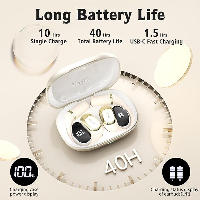 OHAYO Open Ear Headphones,Earbuds with Ergonomic Earhook,Bluetooth Headphones 5.4 with Smart Digital Display,40H Playtime,IPX6 Waterproof,Touch Control Earphones Fit Cycling,Running,Workout(Beige)