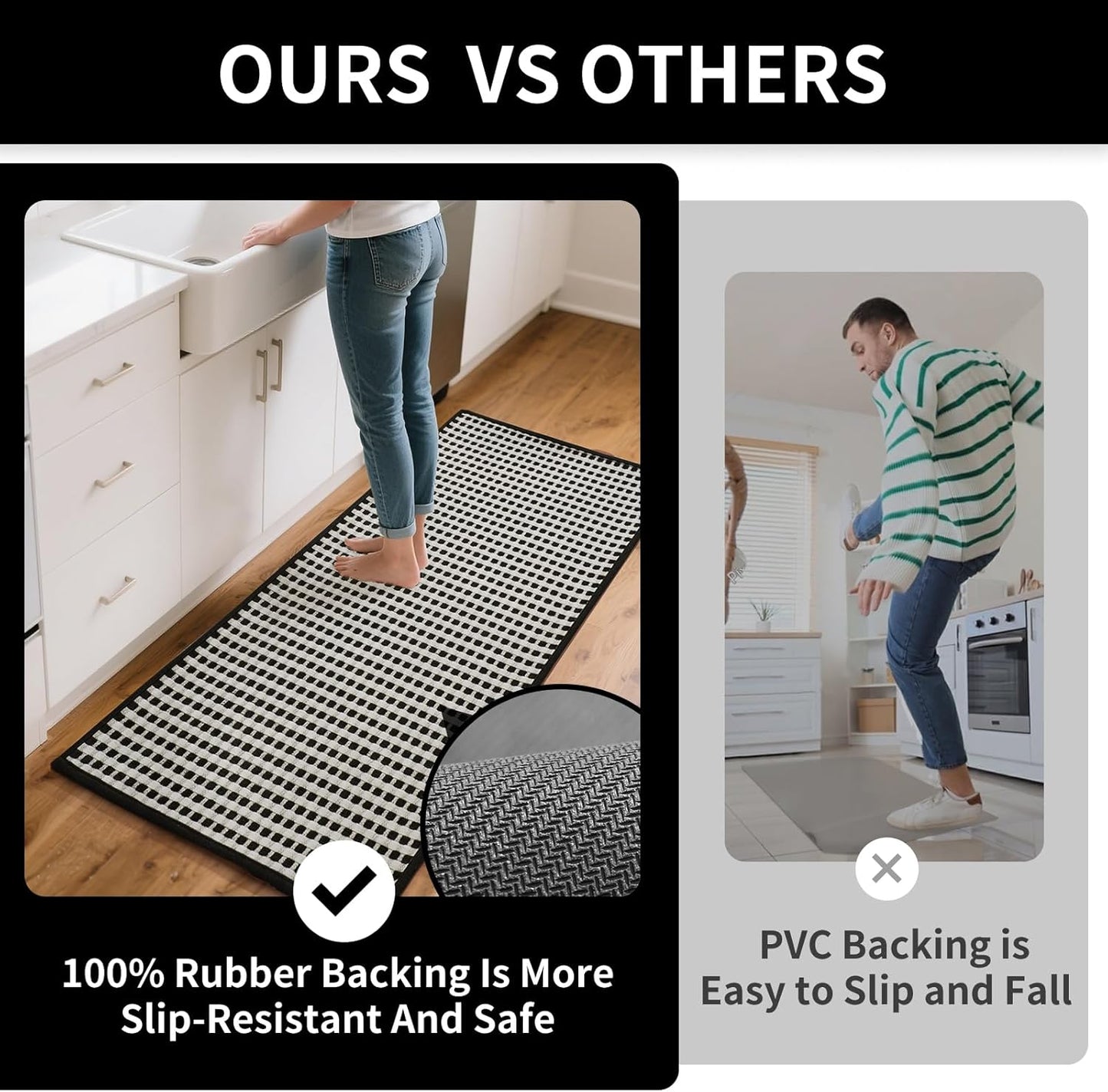 Kitchen Runner Rugs Non Slip Washable, Super Absorbent Soft Chenille Braided Kitchen Mats for Floor Rubber Backing Sink Mat Standing Hallway Floor Mat, Easy Clean, Black 17"x59"