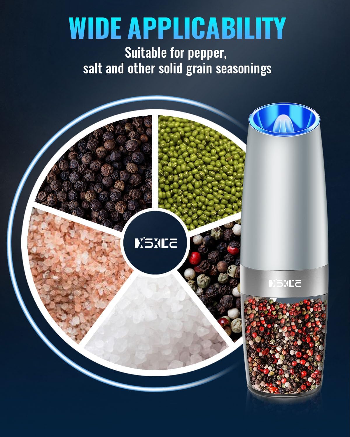 XinXu Gravity Automatic Electric Pepper and Salt Grinder, Auto Salt or Pepper Mill Shaker Stainless Steel,Blue LED Light,One Hand Operated, LightGrey