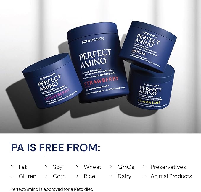 BodyHealth PerfectAmino Powder - BCAA and EAA Powder for Pre and Post Workout - Amino Acid Energy Drink for Men and Women to Support Lean Muscle and Recovery - Lemon Lime - 30 Servings