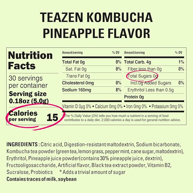 TEAZEN Pineapple Kombucha Tea, Hydration Drink Mix, Sugar Free, Live Probiotics & Prebiotics, 30 Sticks, 5.29oz