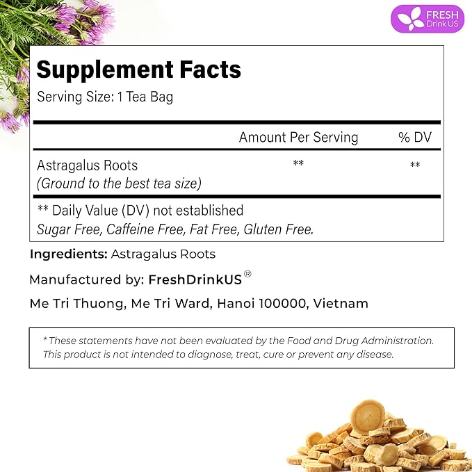 FreshDrinkUS Premium 55 Astragalus Root Tea Bags, 100% Natural & Pure. Astragalus Root Herbal Tea. Made With Natural Material Tea Bags. No Sugar, No Caffeine, No Gluten, Vegan