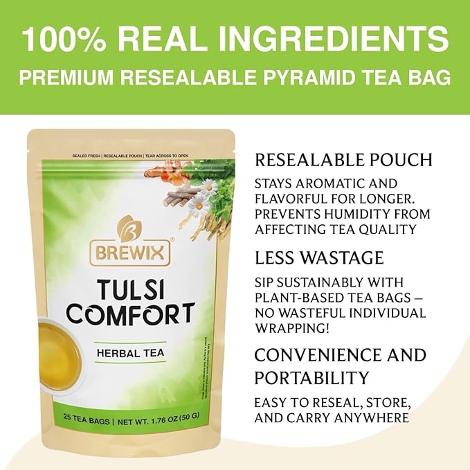 BREWIX, Tulsi Holy Basil Tea Bags (25 Pyramid Bags) | Tulsi Leaves | Holy Basil & Chamomile | Caffeine Free | Herbal Tea Bags | Calming, Fresh and Cool Flavor