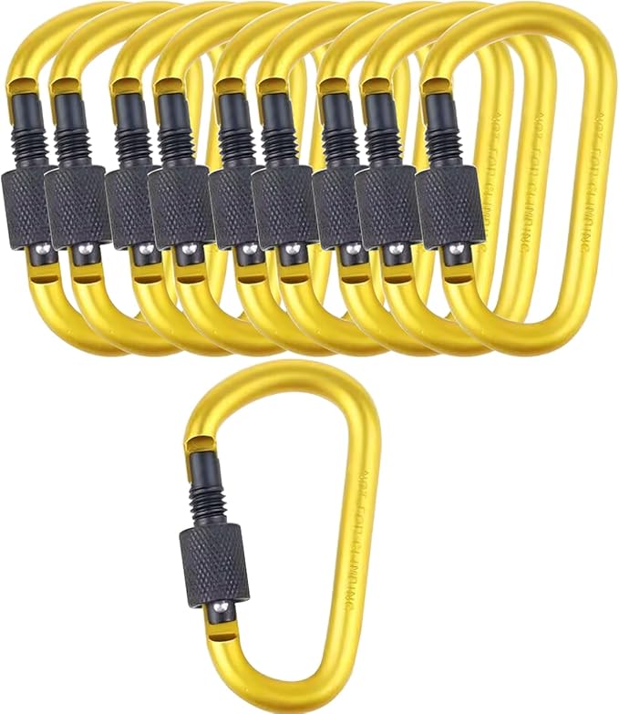 10 Pack Aluminum D Ring Key Rings Hiking Clips Locking Carabiner for Hiking Camping Fishing and Outdoor Use,Clips with Screw Gate Multicolored