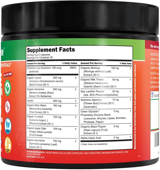 Clean Nutra Berberine Ceylon Cinnamon Bitter Melon Glucomannan Gymnema Sylvestre Chromium Moringa Milk Thistle Turmeric Apple Cider Vinegar Digestive Enzymes Inositol Supplement 90 Capsules