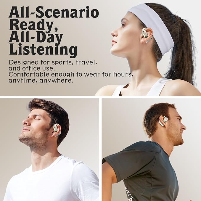 OHAYO Open Ear Headphones,Earbuds with Ergonomic Earhook,Bluetooth Headphones 5.4 with Smart Digital Display,40H Playtime,IPX6 Waterproof,Touch Control Earphones Fit Cycling,Running,Workout(Beige)