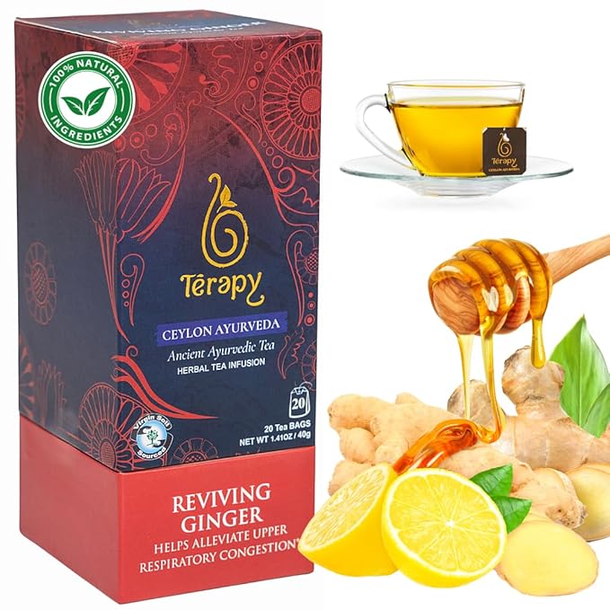 Tรฉrapy Ceylon GINGER & HONEY Tea | Organic Herbal Tea Bags | 100% Natural Ayurvedic Ingredients Including Organic Ginger, Wild Beeโs Honey, Ashwagandha & Lemongrass | 20 Individually Wrapped Tea Bags