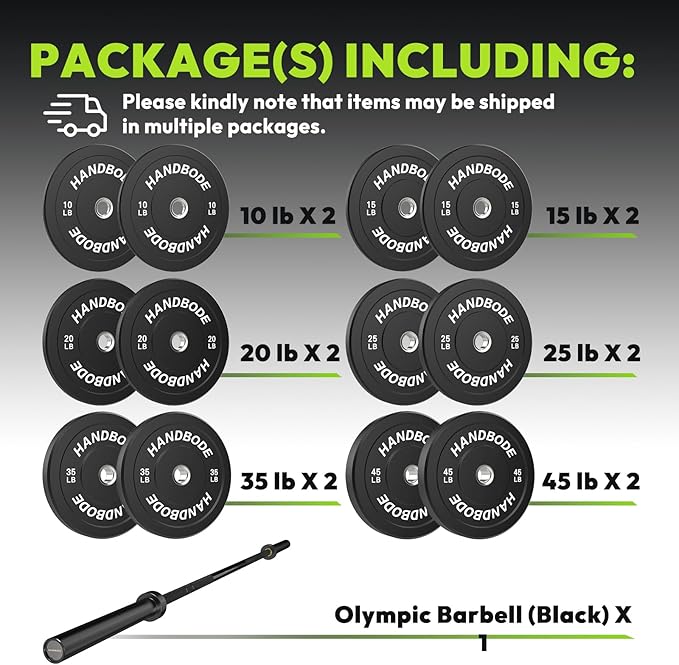 Olympic Bumper Plates Set 2 Inch, 10-55 lbs Rubber Weight Plates with 45 lb (20kg) Black/Silver Barbell, Strength Training & Weight Lifting for Home Gym
