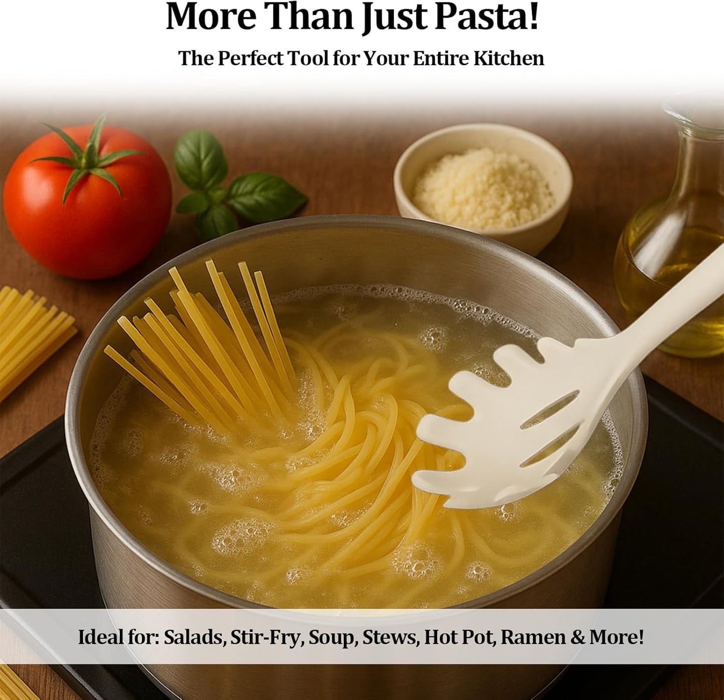 Silicone Pasta Spoon with Teeth Silicone Pasta Fork Wooden Handle Pasta Server & Spaghetti Scoop for Home Chefs, Pasta Enthusiasts