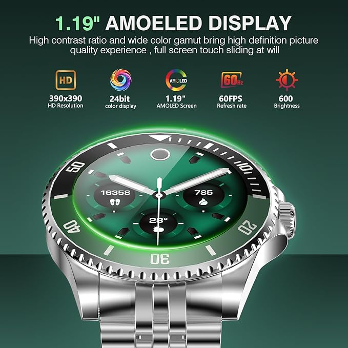 AI Smart Watch, DA GPT AI Waterproof Smartwatch, 1.19-inch AMOLED Display, 24/7 Heart Rate, Blood Oxygen, Blood Pressure, Sleep Monitor, 107 Sports Modes, Compatible Android and iOS Silver Green