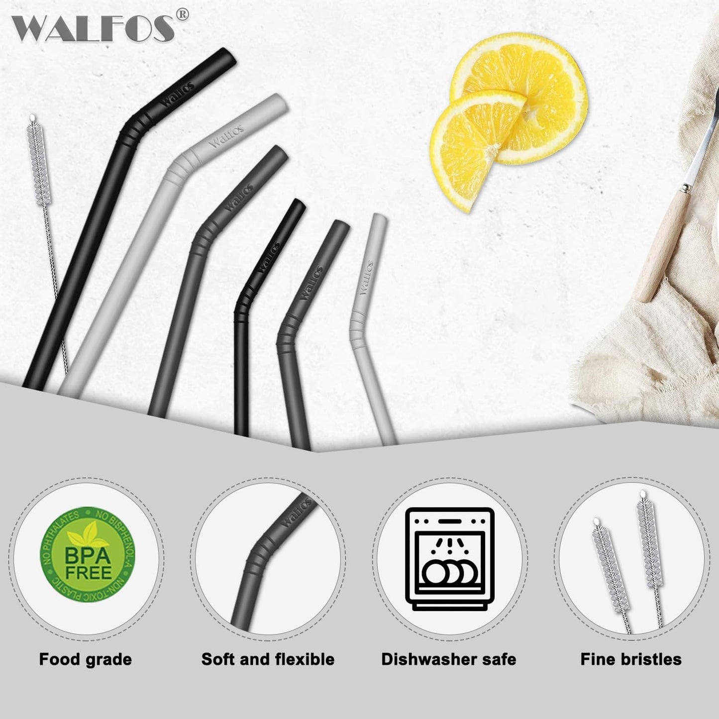 Walfos Silicone Straws - Reusable straws Bendy straws for Smoothies/20 & 30 oz Tumblers, BPA Free. 2 Size (3pcs Wide S + 3 pcs Regular + 2 Cleaning Brushes)