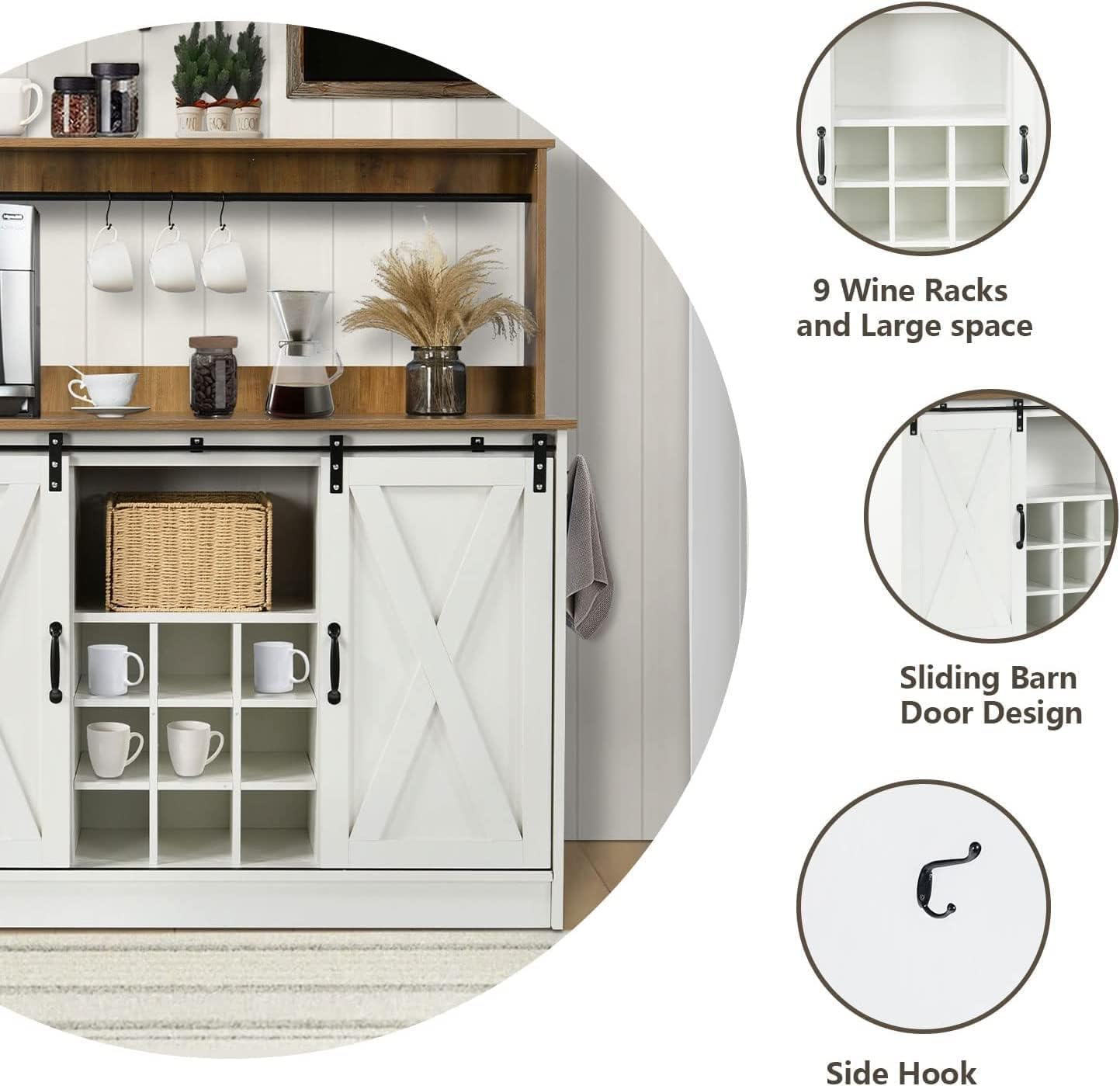 4ever2buy Farmhouse Coffee Bar Cabinet with Hutch, 47 Inch Buffet Cabinet with Storage, White Wine Bar with 9 Wine Racks and 6 Hooks, Coffee Bar Table with Adjustable Shelves for Living Dining Room