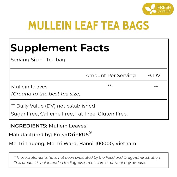 FreshDrinkUS, Premium 40 Mullein Leaf Tea For Lungs, Great Lung Detox For Smokers, Handmade, 100% Natural & Pure, No Sugar, No Caffeine, No Gluten, Vegan