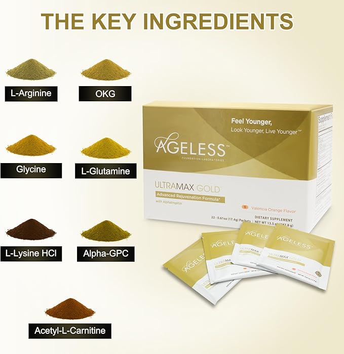 Ageless UltraMAX Gold - HGH Anti-Aging Supplement for Women & Men - Rejuvenates Skin, Restores Youthful Appearance, Boosts Energy & Sleep, Effervescent Powder - Valencia Orange Flavor - 22 Packets