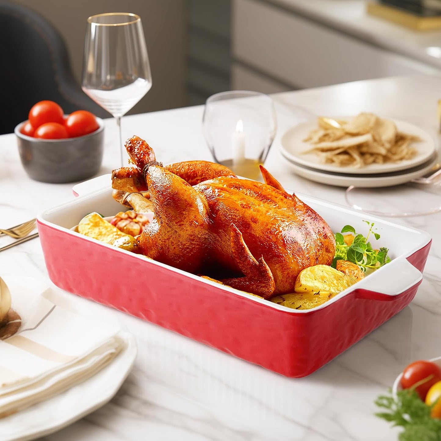 4 QT Baking Dish, Casserole Dishes for Oven, 9x13 Baking Pan with Handles, Lasagna Pan Deep, Ceramic Casserole Dish Oven Safe for Baking, Lasagna, Kitchen, Wedding Gift (Red)