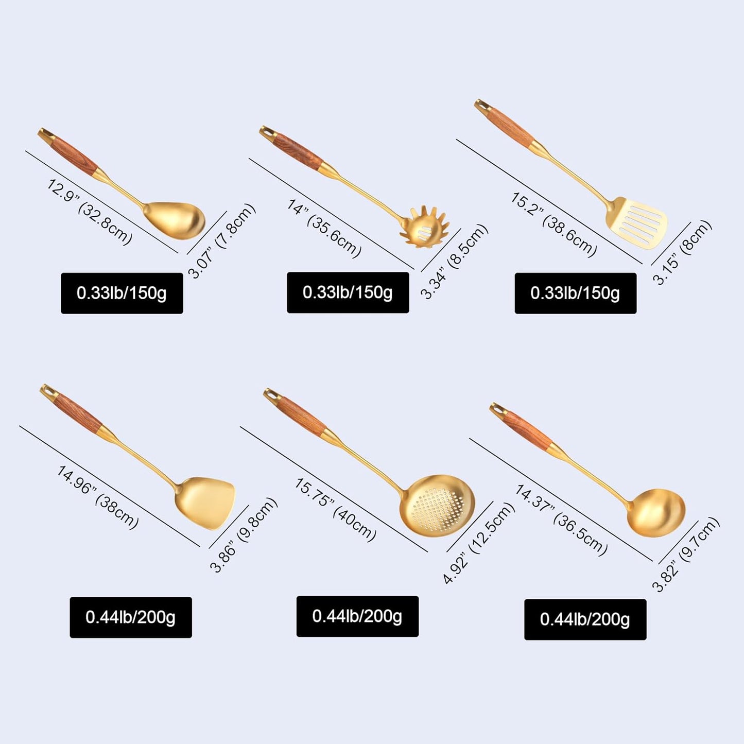 Gold Kitchen Utensils Set with Wooden Handle, 6 PCS Professional Cooking Utensils Set, Wok Spatula, Ladle, Skimmer, Slotted Spatula Turner, Spaghetti Spoon, Large Spoon