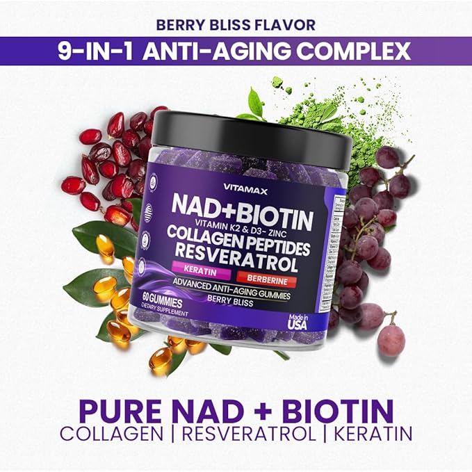 NAD+, Resveratrol, Berberine, & Biotin Anti-Aging Gummy - Hair, Skin, Nails & Joint Supplement - Collagen Peptides, Keratin, Zinc, Vitamin K2 & D3 Gummies -Regeneration- Non-GMO - Made in USA 60 Count