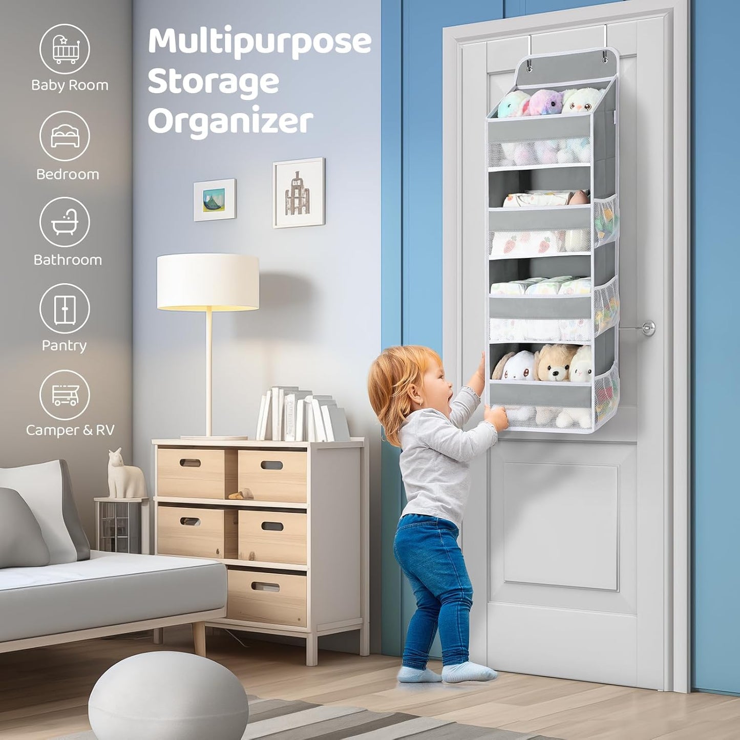 Yecaye 3 Pack 4-Tier Over The Door Organizer - Foldable Portable Baby Essentials for Stuffed Animal Storage - Multi-Purpose Bathroom Closet Organizers and Storage for Kids Newborn Baby Stuff Gray