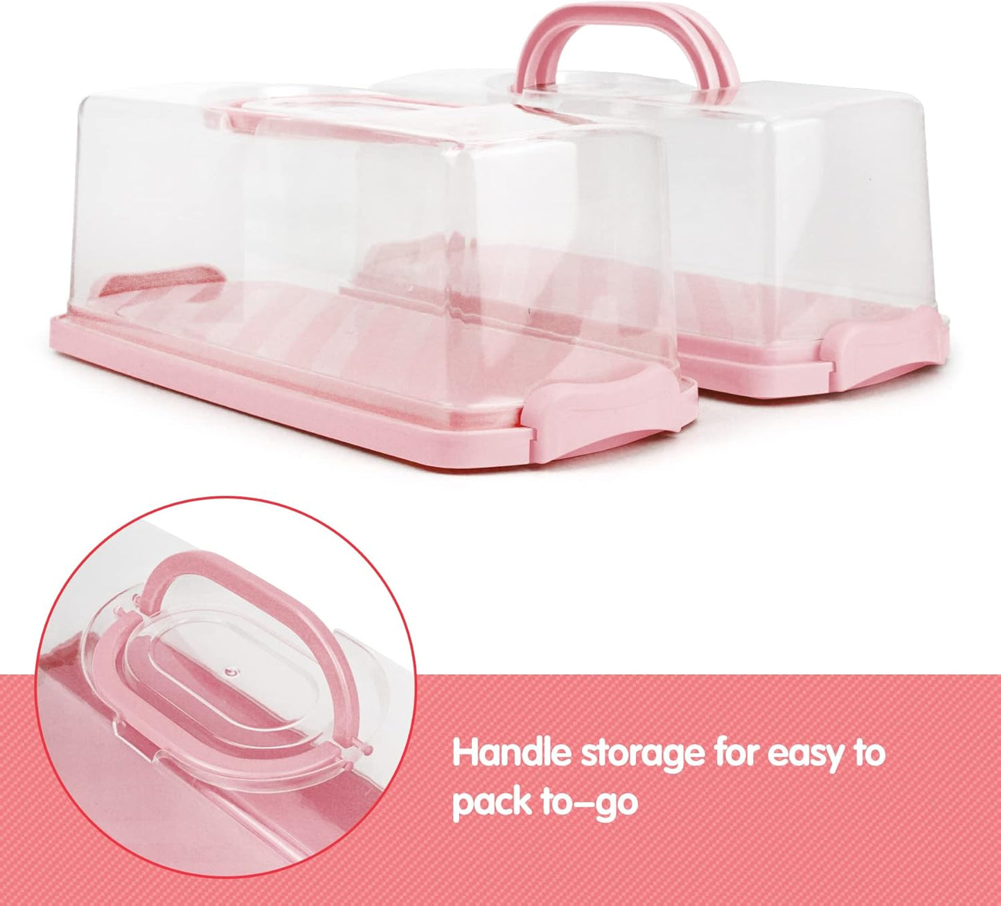 2-Pack Plastic Rectangular Bread Box with Clear Lid, Loaf Cake Keeper, Portable Bread Keeper Storage Container with Handle (Pink)