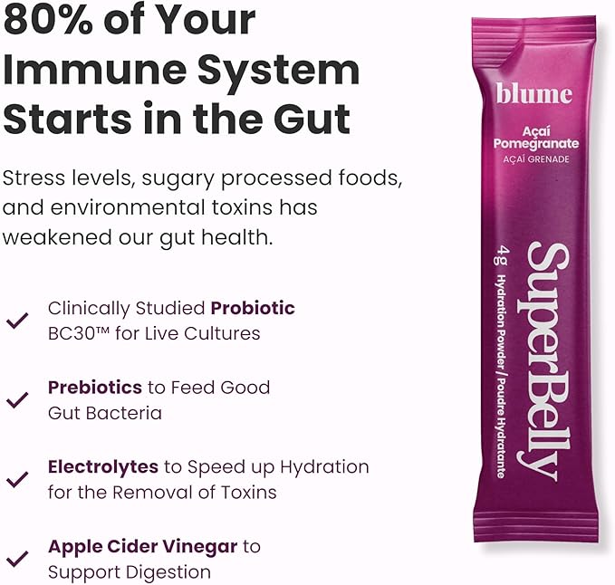 Blume SuperBelly Gut Health and On-The-Go Hydration Packets, Sugar-Free, with Prebiotics, Probiotics, Apple Cider Vinegar, Vitamin C, and Electrolytes, Açai Pomegranate, 15 Sticks