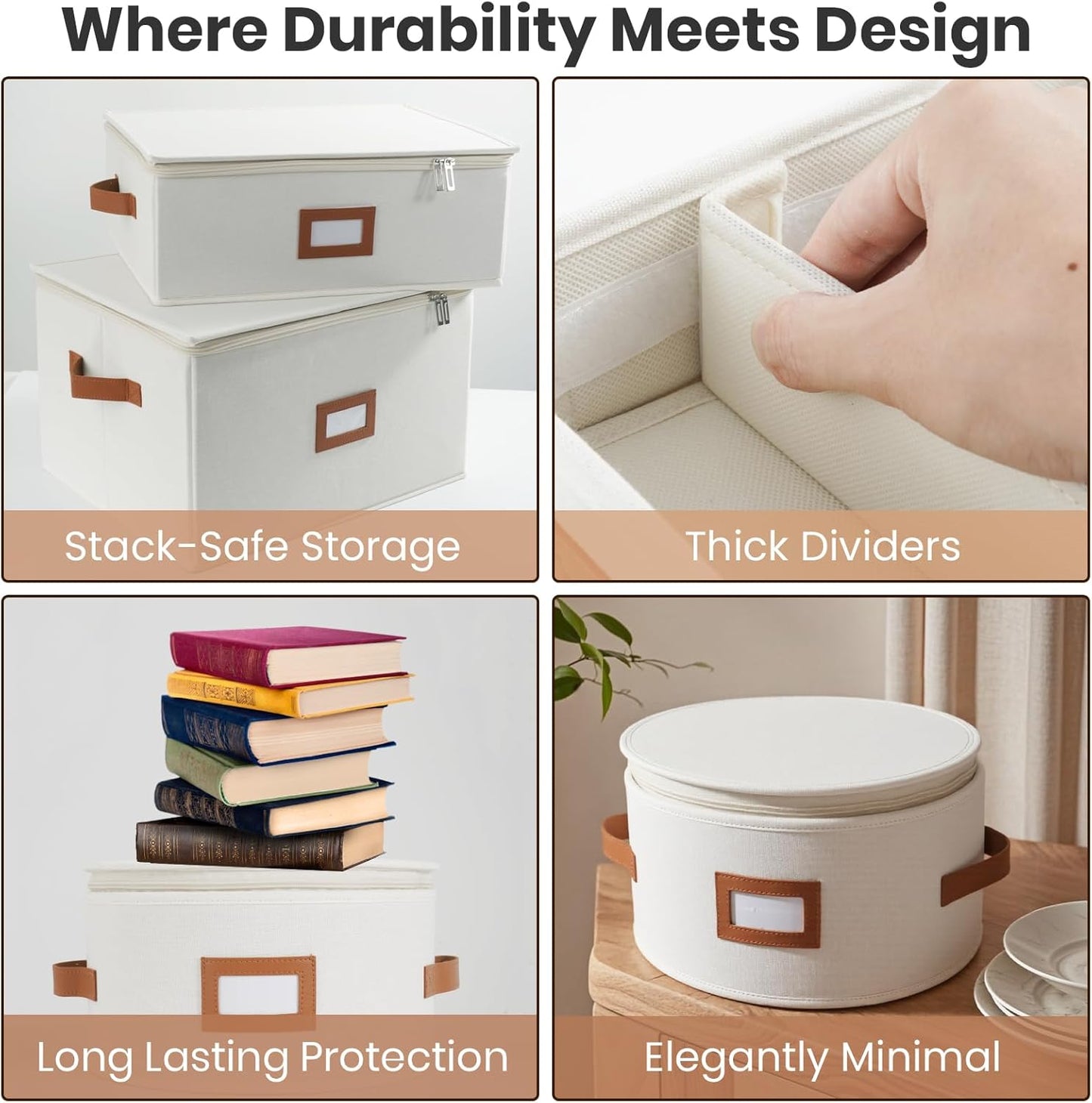 HOMELUX THEORY Saucer Plate Storage Box, 2pc Ivory Hard Shell China Storage Containers Thick Surfaces Lid & 24 Felt Pads, Heavy Duty Moving Box with Handles for Dishes, Dinner Plate, & Dinnerware