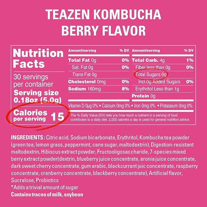 TEAZEN Berry Kombucha Tea, Hydration Drink Mix, Sugar Free, Live Probiotics & Prebiotics, 30 Sticks, 5.29oz