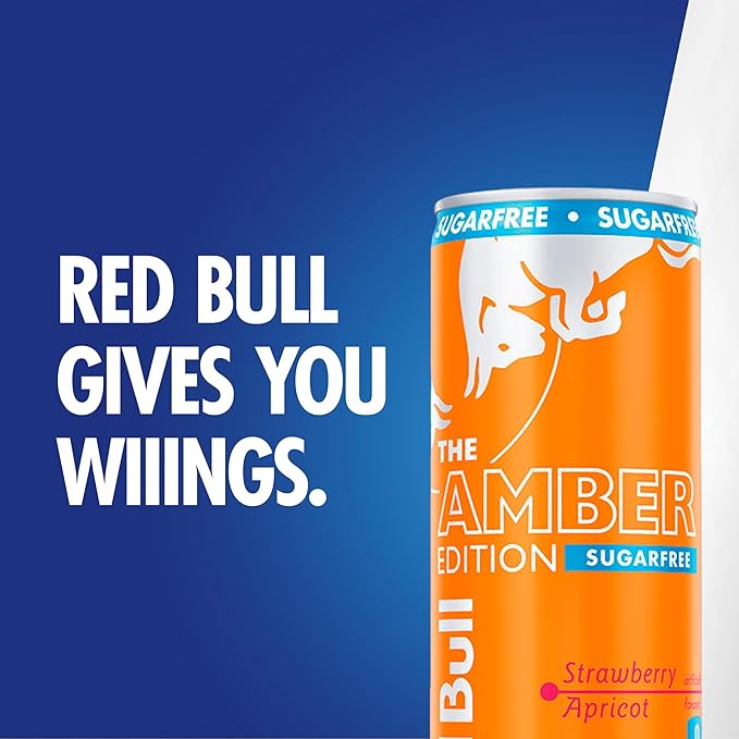 Red Bull Amber Edition Sugar Free Energy Drink, Strawberry Apricot, with 114mg Caffeine plus Taurine & B Vitamins, 12 Fl Oz, Pack of 4 Cans
