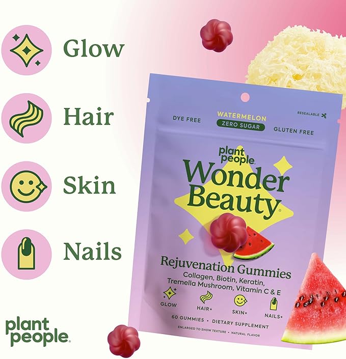 Plant People WonderBeauty Hair, Skin & Nails Rejuvenation Gummies with Tremella Mushroom, Marine Collagen Peptides, Keratin, & Biotin – Watermelon Flavor, 60 Gummies