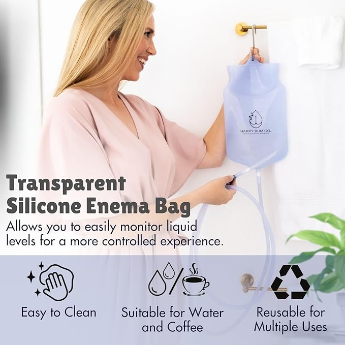 Happy Bum Bag Enema Kit | 6.5ft Silicone Hose, 2L Non-Toxic Silicone Enema Bag with 3 Replacement Tips | Reusable Coffee Enema Kit Suitable for Water & Coffee Enemas for Colon Cleanse for Women & Men
