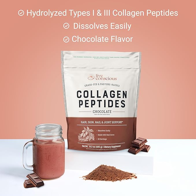 Live Conscious Collagen Peptides Powder - Chocolate Collagen Powder - Hair, Skin, Nail, and Joint Support - Type I & III Grass-Fed Collagen Supplements for Women and Men - 30 Servings - 14.3oz