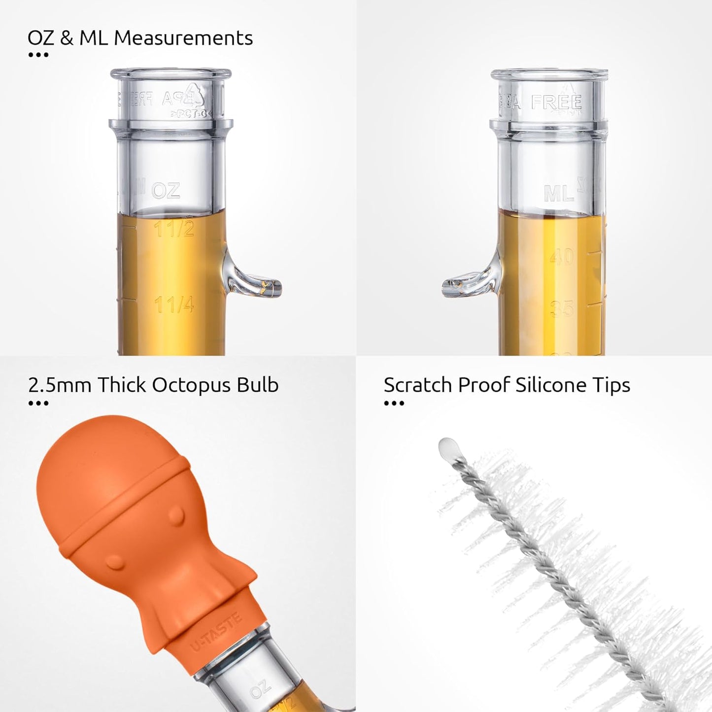 U-Taste 1.5oz Angled Turkey Baster - 228.2ºF Heat Resistant Food Grade Tritan and Silicone Large Octopus Bulb Baster Set with Cleaning Brush for Cooking Basting Meat Poultry Beef Chicken (Orange)