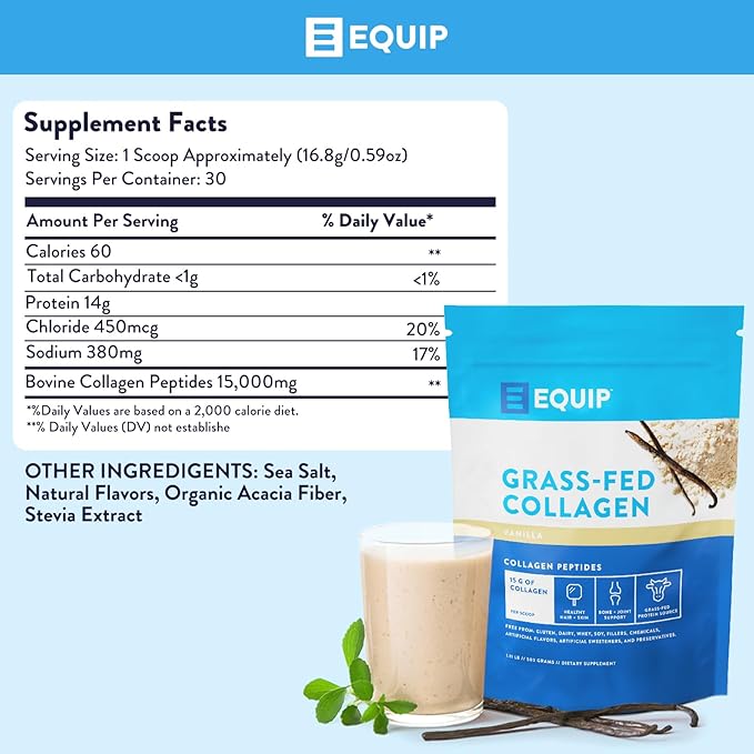 Equip Foods Grass Fed Collagen Powder | Hydrolyzed Bovine Collagen Peptides with Amino Acids | Prime Beef Collagen for Healthy Joints, Skin & Nails | Non-GMO, Paleo Friendly | 30 Servings, Vanilla