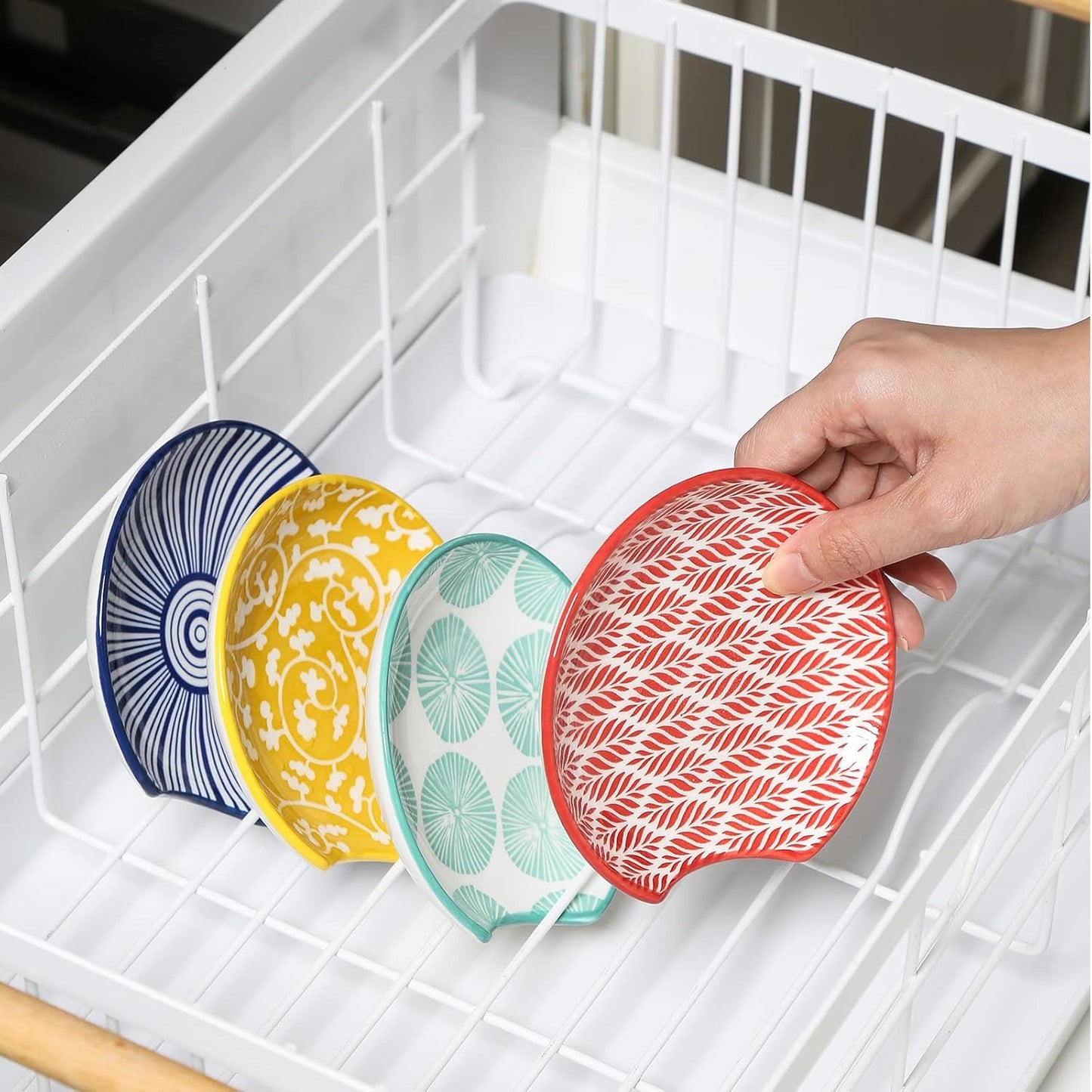 Selamica Ceramic Spoon Rest for Stove Top, 4.6 Inch Cooking Spoon Holder for Kitchen Counter, Stackable Utensil Rest Holder for Spatula Ladles Tong, Set of 4, Assorted Colors