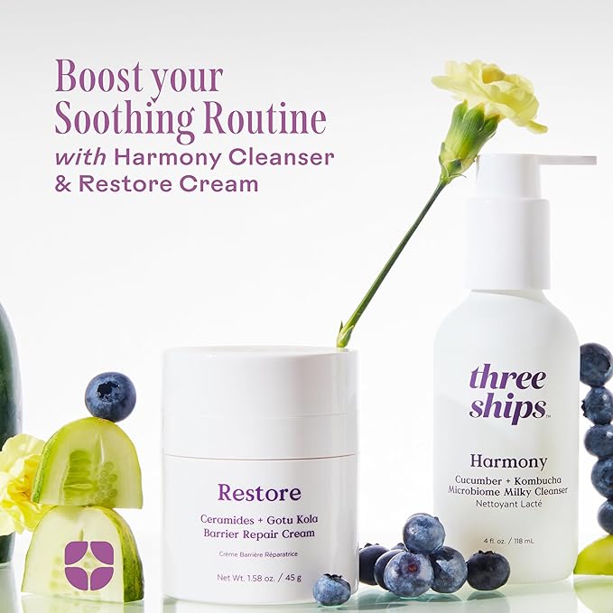 Three Ships Restore Barrier Repair Cream with Ceramides + Gotu Kola - Supports Skin Barrier, Soothes Redness, Lightweight Daily Face Moisturizer (40g)