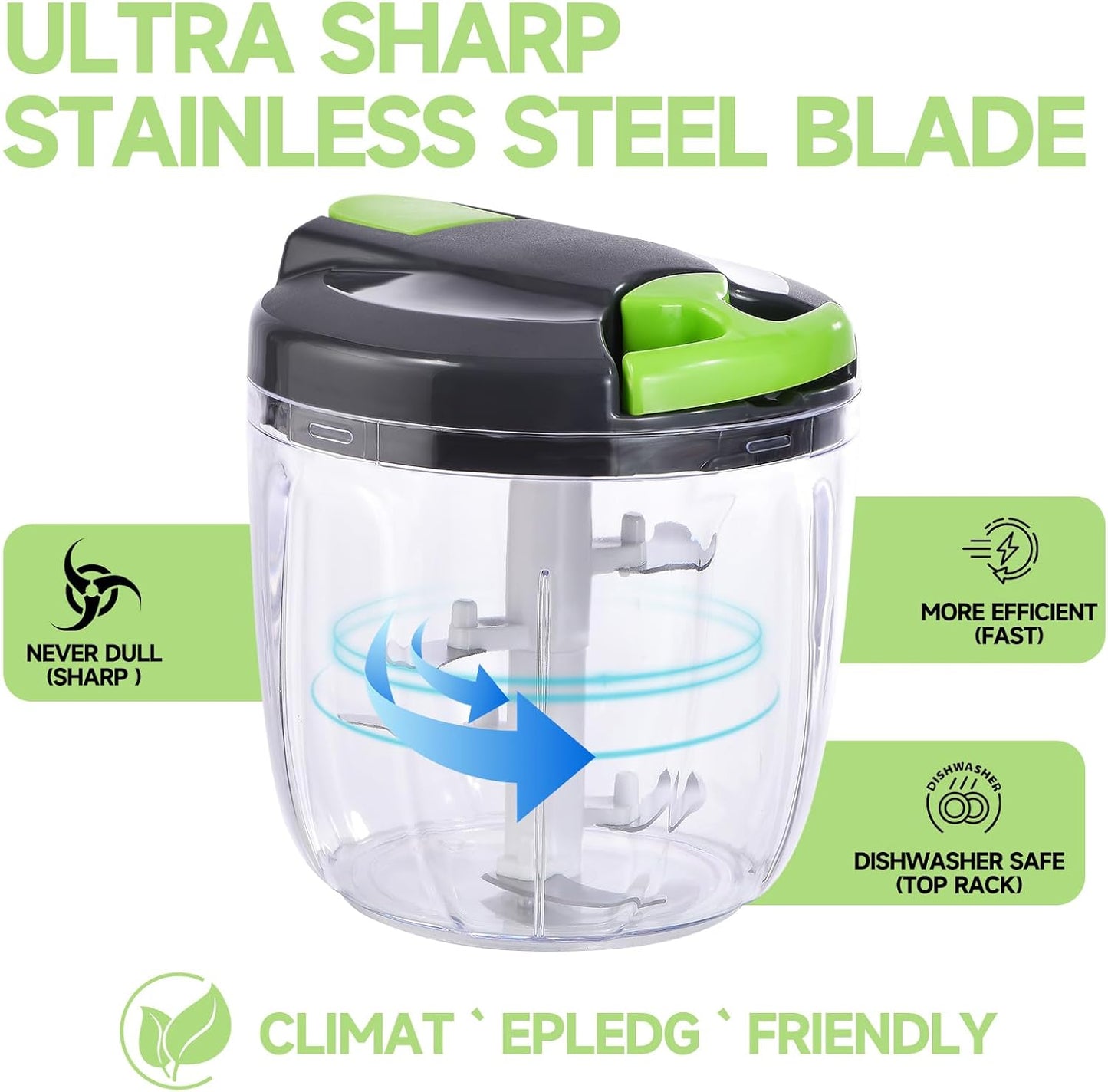 Manual Food Processor Vegetable Chopper, Portable Hand Pull String Garlic Mincer Onion Cutter for Veggies, Ginger, Fruits, Nuts, Herbs, etc., (900ml,Gray-green)