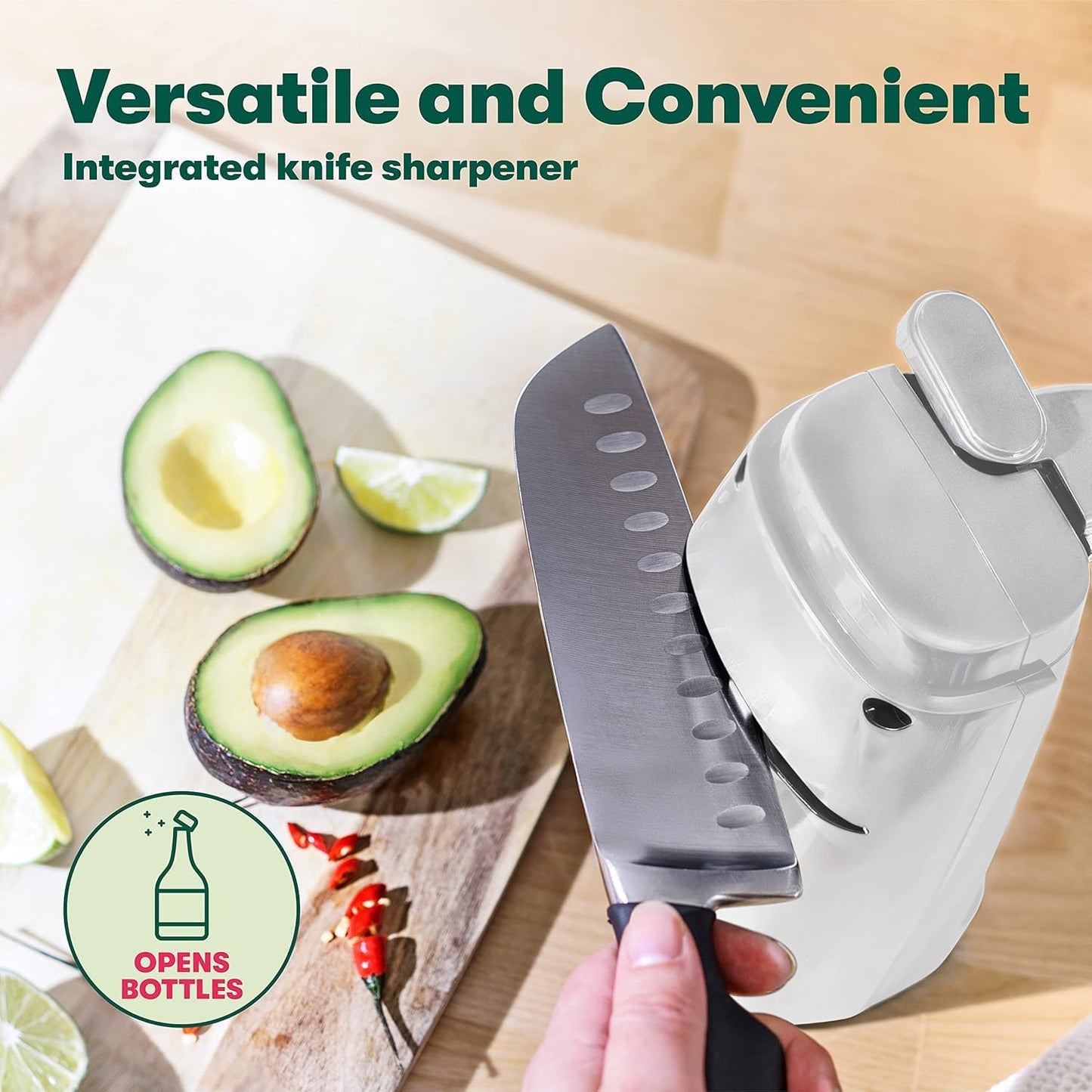 BELLA Electric Can Opener and Knife Sharpener, Multifunctional Jar and Bottle Opener with Removable Cutting Lever and Cord Storage, Stainless Steel Blade, White