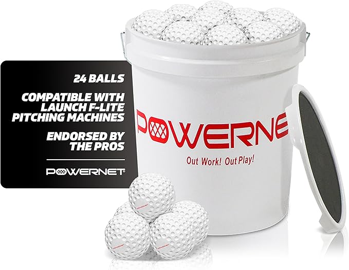 PowerNet Launch F-lite Softball & Baseball Pitching Machine, Dimpled Practice Balls, Bucket of Baseballs, Coaching Bucket Bundle for Pitching Machine, Baseball Training Equipment