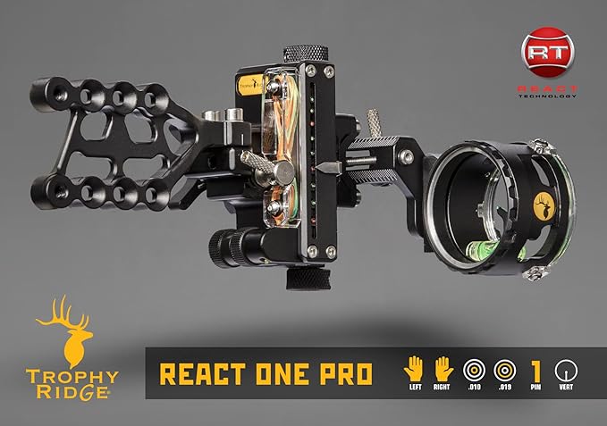 Trophy Ridge React One Pro Bow Sight - Accuracy up to 100 Yards, Tool Less Windage and Elevation Adjustability, 2nd/3rd Axis Leveling, Adjustable Click Light