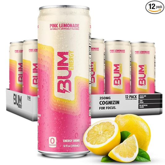 BUM Sugar-Free Energy Drink, Pink Lemonade - Lightly Carbonated & No Artificial Colors, Natural Caffeine & Citicoline for Energy & Focus, Brain Boost & Workout Sports Beverage - 12 oz, Pack of 12