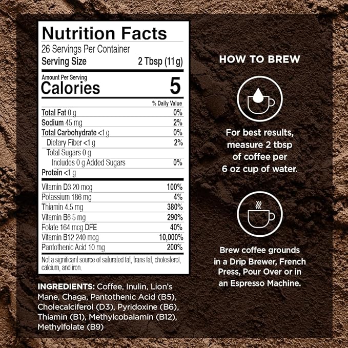 VitaCup Focus Mushroom Coffee Grounds, Vanilla Flavored Coffee with Lions Mane, Chaga, B Vitamins, D3, Boost Focus, Immunity, Memory & Clarity, Medium Dark Roast, 100% Arabica Specialty, 3 bags, 10 oz each