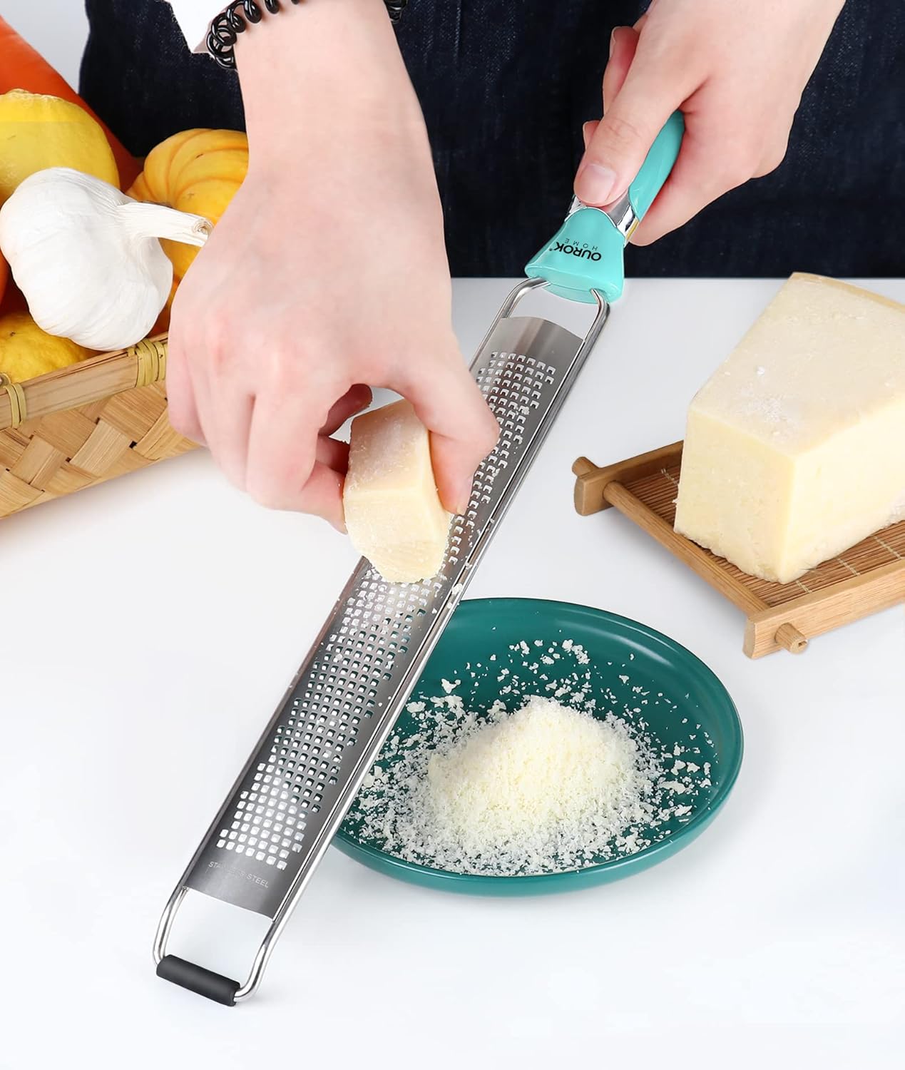 Ourokhome Kitchen Lemon Zester, Stainless Steel Hand Held Parmesan Cheese Grater for Ginger, Chocolate, Coconut, Lime, Nutmeg, Citrus, Fruit, Vegetable with Cleaning Brush, Dishwasher safe, Blue